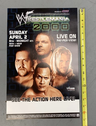 4/2/00 WWF Wrestlemania 2000 Poster - 17x11 - The Rock Triple H Mick Foley Big Cover