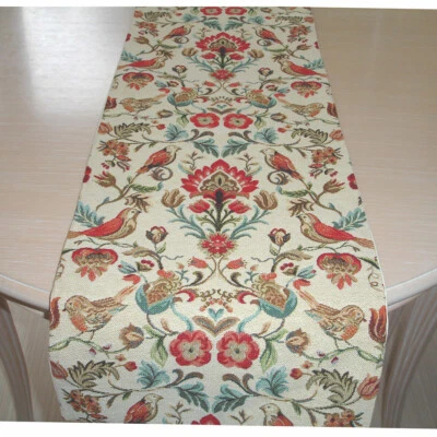 SMALL Tapestry Table Runner 90cm Birds Flowers 3ft Red Gold William Morris 36" - Image 1 of 4