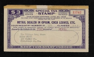 Ingresos de Estados Unidos; sello de impuestos especiales; distribuidor minorista de opio, hojas de coca, etc.; FYE 1949 - Imagen 1 de 2