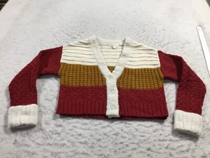 Adyson Parker Cropped Sweater Womens S Small White Brown Maroon Knit Long Slv - Picture 1 of 11