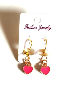 💗Sweet Small Pink Enamel Heart Gold Plated Earrings💗 - Picture 1 of 8