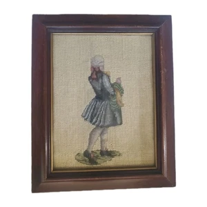 Vintage Embroidery Needlepoint Framed Art Victorian Man Blue Grey frock coat - Picture 1 of 10