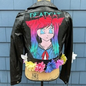 🌈🌈🌈 Small Vinyl bomber jacket coat DeadCat anime embellishment black flower - Picture 1 of 8