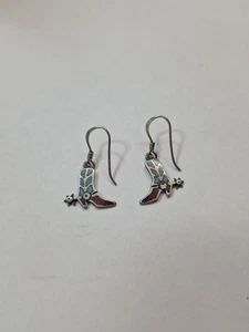 Sterling Silver 925 Southwest Turquoise & Coral Cowboy Boots Dangle Earrings - Picture 1 of 4
