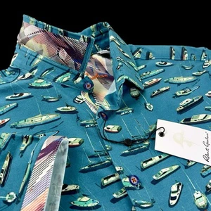 Robert Graham Sailboat Marina Yacht Stretch Geo Short Sleeve Sport Shirt Large - Picture 1 of 12