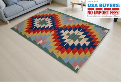 Vibrant Vintage Oushak Kilim Rug Flat Weave Turkish Rug 3'10" x 5'10" 1980s - Image 1 of 4