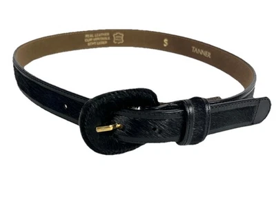 Cinto de couro preto Tanner Goods fivela de latão tamanho P cabelo de bezerro de vaca rodeio ocidental - Imagem 1 de 4