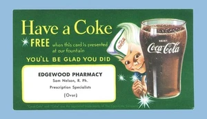 COCA-COLA - FREE COKE - PREMIUM GIVE-AWAY CARD - 1950's - Picture 1 of 2