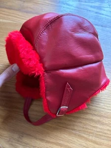Vintage Aviator Trapper Hat Ski Cap Red Leather Youth One Size - Picture 1 of 6