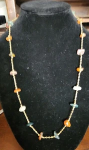 Multi Semi Precious Stones On Long Gold Tone Chain Necklace Barrel Clasp Vintage - Picture 1 of 4