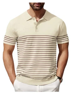 COOFANDY Herren Gestreiftes Strick Poloshirt Kurzarm Button Down, Beige XXL - Bild 1 von 3