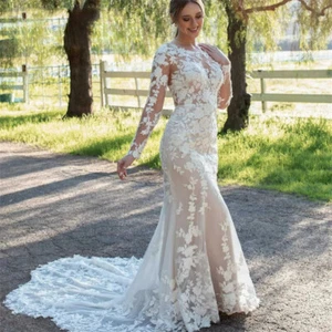 Luxury Mermaid Wedding Dress Appliques Long Sleeves O Neck Illusion Bridal Gown - Picture 1 of 8