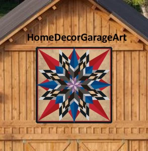 Barn Quilt Art Metal Sign, Sixteen Point Star Blue Red, Amish Pennsylvania Dutch - Picture 1 of 8