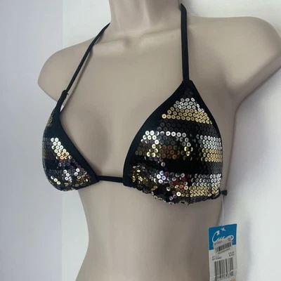 NWT Silver Gold On Black Sequin Padded Bikini Top Size M California Waves - Image 1 of 4