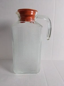 Vintage Glass Pitcher with Orange Plastic Lid 1.25 Qt. Water/lemonade - Picture 1 of 20
