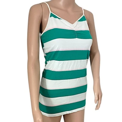 Vintage Y2K Fitted Long Tank Cami Sz L Top Striped Built In Bra Twee Preppy SO  - Image 1 of 4