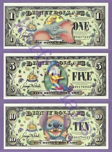 2005 A $1 $5 $10 DISNEY DOLLARS A217222 A176922 A278622 1ST ISSUE 2ND RELEASE - Picture 1 of 2