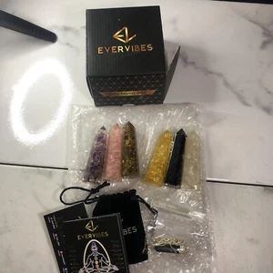 EVERVIBES HEALING CRYSTAL WAND 6 PC BLACK TOURMALINE PENDANT SILVER CHAIN G - Photo 1 sur 6