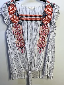 Entro Woman Blouse S Embroidered striped Flutter Sleeve Top Shirt Bohemian - Picture 1 of 10