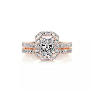 Gold Diamond Ring Sets IGI Certified Lab Grown Radiant Cut 3 Carat 18K Rose Band - Picture 1 of 11
