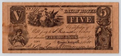 The Dixon Hotel c1838 Five Dollar Note Ferry IL Reproduction Parchment Paper - Image 1 of 4