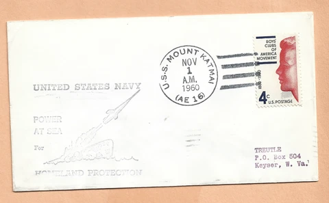 U.S.S.  MOUNT KATMAI POWER AT SEA NOV 1,1960  NAVAL COVER Cover