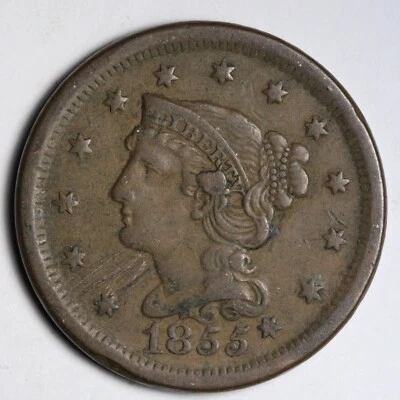 Centavo grande cabello trenzado 1855 ELECCIÓN XF perilla en la oreja E121 UCF Foto 1 de 2