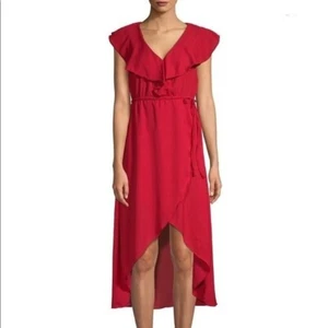 Walter Baker Dress XS Red Hi Lo V Neck Ruffles W70784 Tie Waist Asymmetrical - Picture 1 of 6
