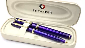 VINTAGE SHEAFFER LEVENGER FOUNTAIN PEN SET IN ADRIATIC PURPLE 18K BROAD NIB USA - Picture 1 of 15