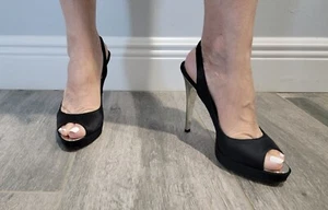 bebe Katie Stain Black Silver Heel Peep Toe Slingback Pumps Size 8 - Picture 1 of 8