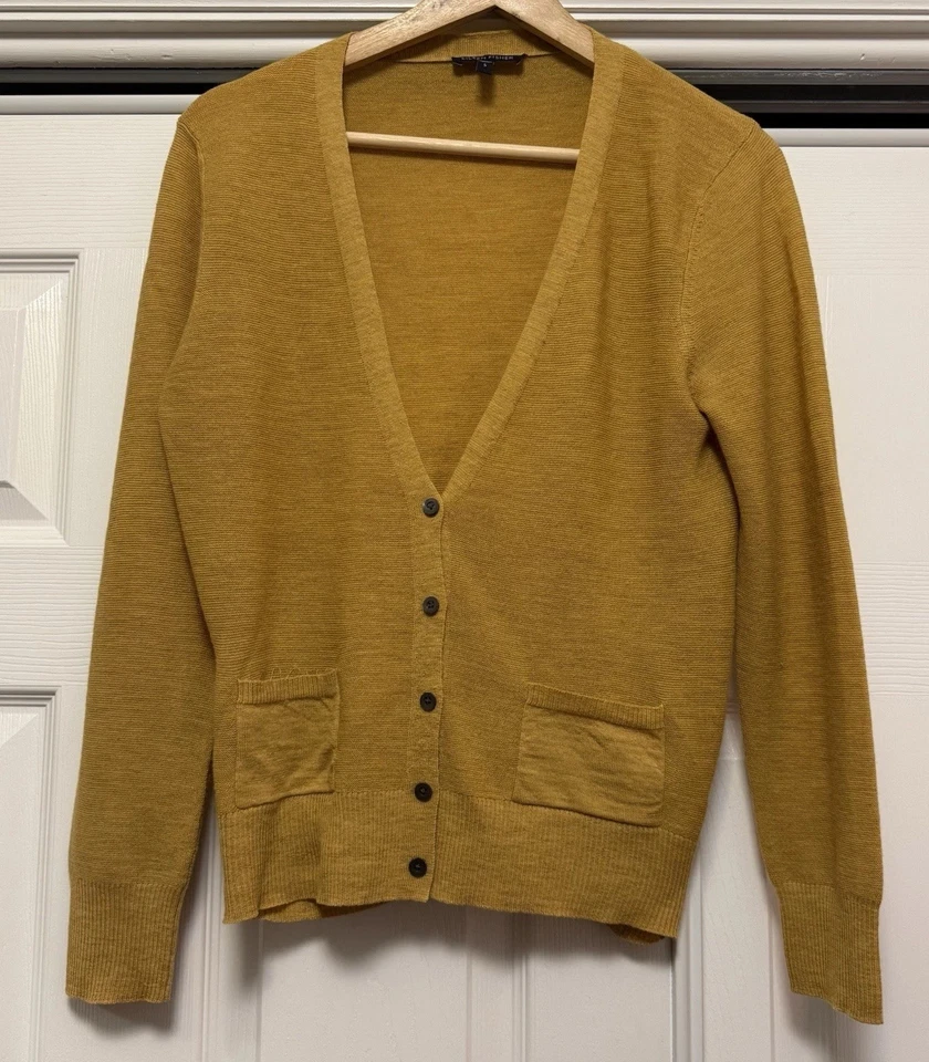 Cardigã Eileen Fisher Merino lã amarelo mostarda tamanho pequeno, #outono, #clássico - Imagem 1 de 4