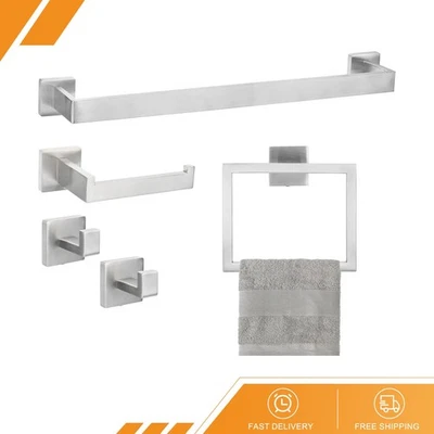 Soporte de papel higiénico barra de toallas de acero inoxidable de 23,6" 5 piezas 2 ganchos para toallas plateados Foto 1 de 4
