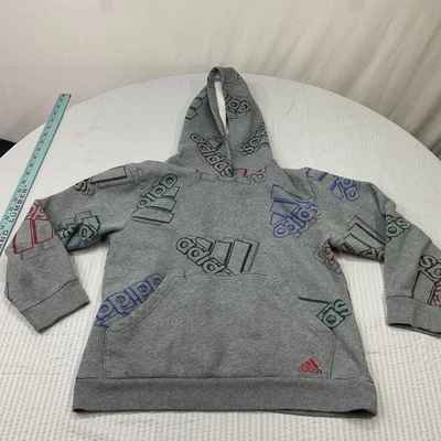 Adidas Hooded Sweatshirt Youth 18/20 Tall Grey Long Sleeve All Over Print - Image 1 of 4