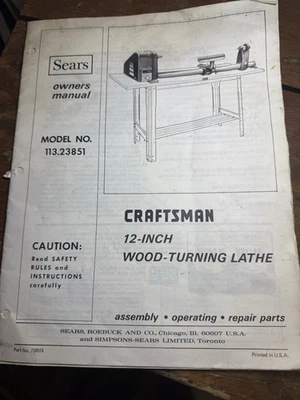 Vintage SEARS CRAFTSMAN Wood Lathe OWNERS MANUAL 12 INCH 113.228162 - Image 1 of 4