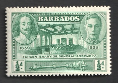 Sello Barbados KGVI 1/2d Verde 1939 Tercentenario de la Asamblea General Como Nuevo SG 257 Foto 1 de 3