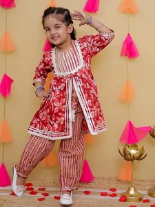 Girla Ethnic Bollywood 3/4th Sleeves Floral Print Cotton Suit Set For Girls - Picture 1 of 23
