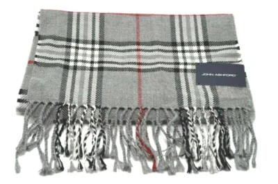 John Ashford Gray Plaid Scarf Acrylic Grey White Red Fringe - Image 1 of 3
