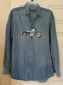 Haupt Men's Cotton Button Shirt Blue Motorcycle Embroidery Size 39 15 1/2 German - Picture 1 of 6