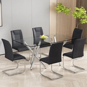 Kitchen Dining Chairs Set of 6 Side Chair PU Leather High Back Padded Metal Leg - Picture 1 of 18