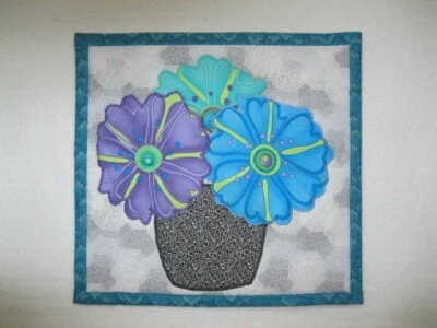 Handmade Quilted wall hanging, Appliqued,  3 stylized potted flowers, 12" x 13" - Image 1 of 2