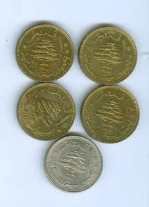 LEBANON--FOUR 1955 AND ONE 1961 UNCIRCULATED TEN PIASTRE COINS - Picture 1 of 2