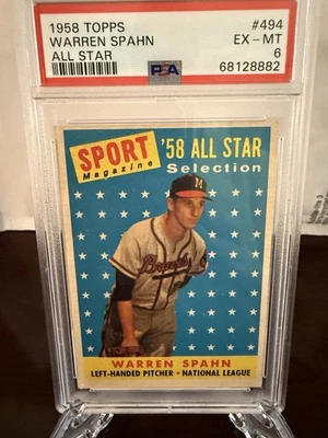 Tarjeta de colección 1958 Topps Warren Spahn #494 PSA 6 súper rara bien centrada Foto 1 de 4