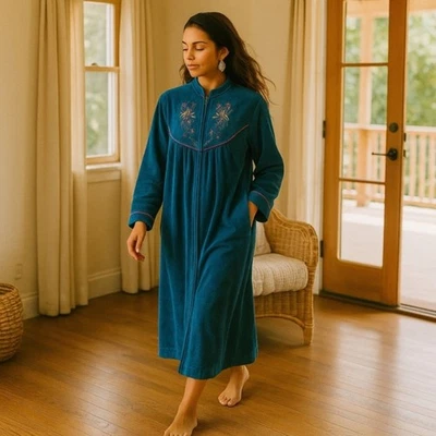 Vtg 70s Saybury Teal Velour Zip Robe M/L Grandmacore Floral Embroidery | Pockets - Image 1 of 4