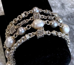 Michael Dawkins Sterling Granulation Gray & White Pearl Multi Row Bracelet 78.2g - Picture 1 of 13
