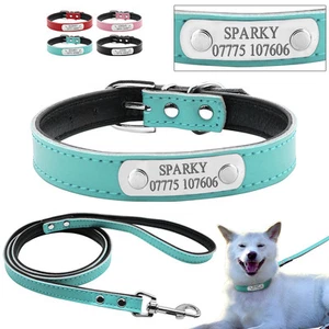 Custom Engraved Dog Collar & Leash Set Leather Personalized ID Name Dog Collar  - Picture 1 of 20