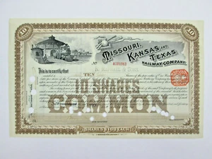 Missouri Kansas and Texas Railway Company Stock Certificate 10 Shares Common - Picture 1 of 4
