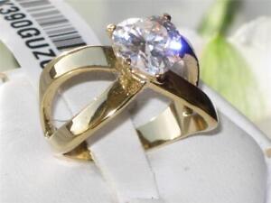 Gold heart ring cz solitaire 18kt steel 2 carat ladies crossover clear new  390