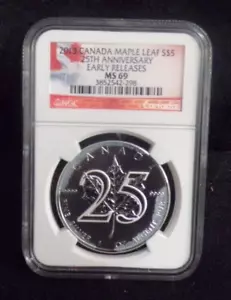 2013 CANADA SILVER 1 OZ MAPLE LEAF $5 25TH ANNIVERSARY EARLY RELEASES NGC MS 69 - Picture 1 of 2