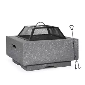 MgO Fire Pit, Square with BBQ Grill & Poker - Dark Grey - Picture 1 of 9