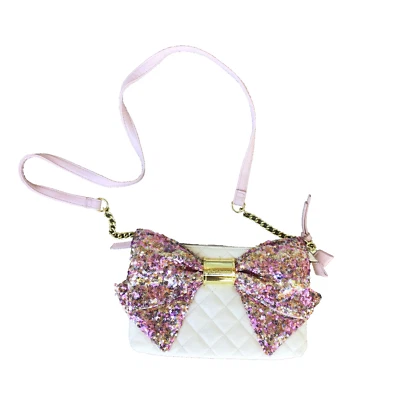Bolso sin asas Betsey Johnson con lazo de lentejuelas rosa púrpura blanco 10" x 7" Foto 1 de 4
